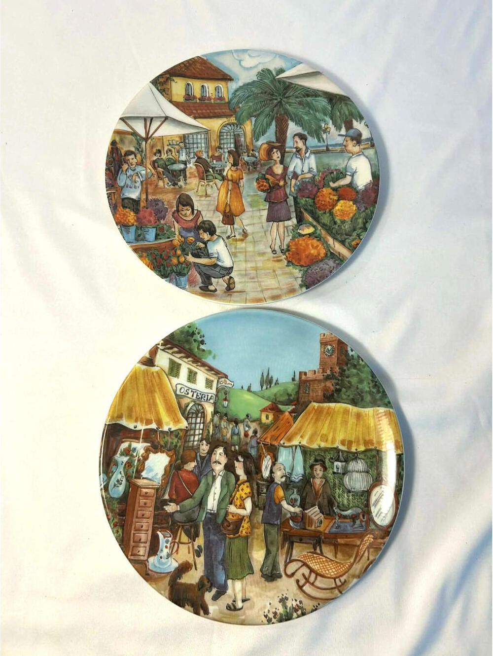 Set 2 MADE IN ITALY Collector Plates Italian Market/Flower Market Scene Ceramic